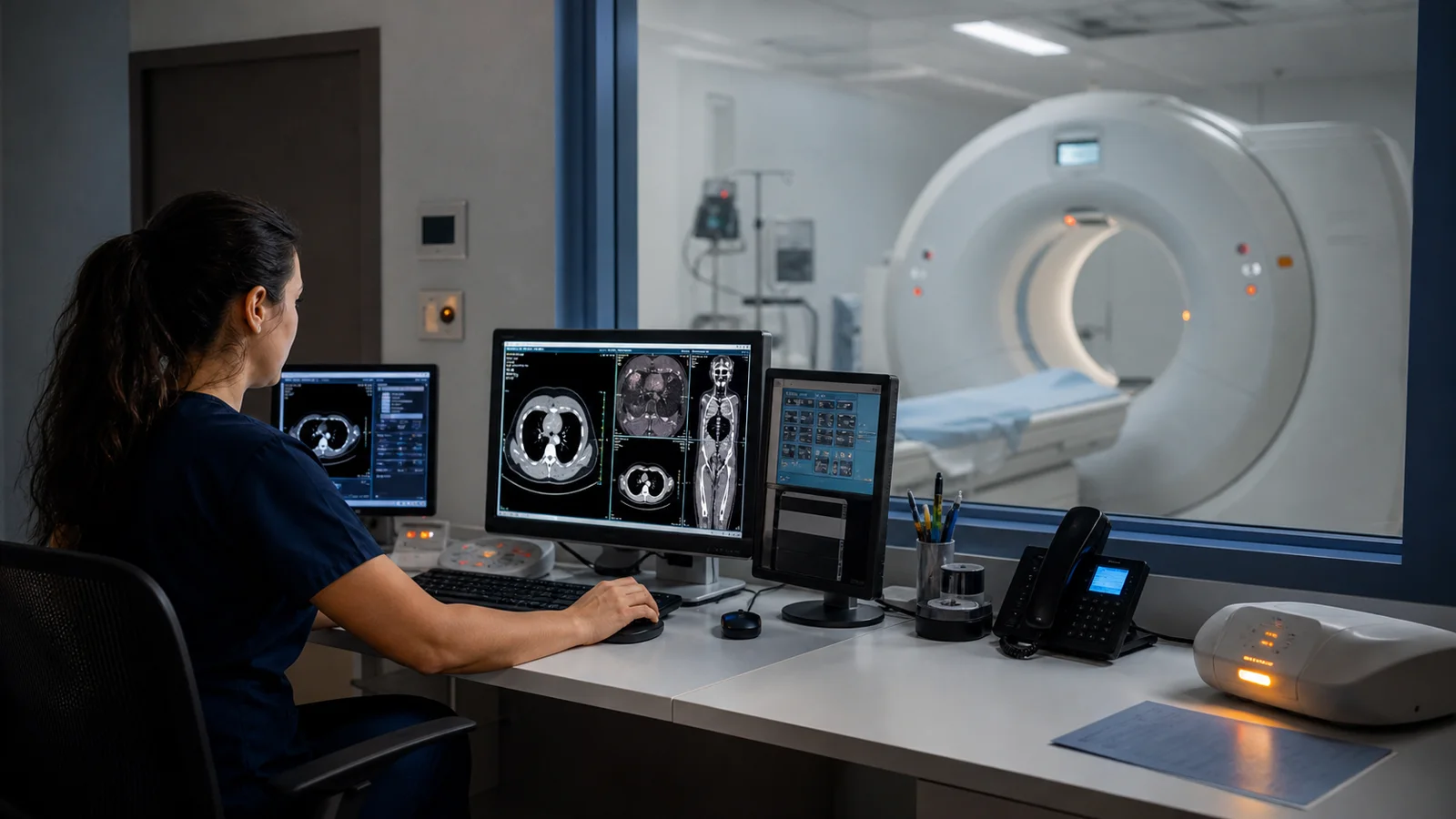 Tecnologista em sala de controle acompanhando a operação de equipamento de diagnóstico por imagem