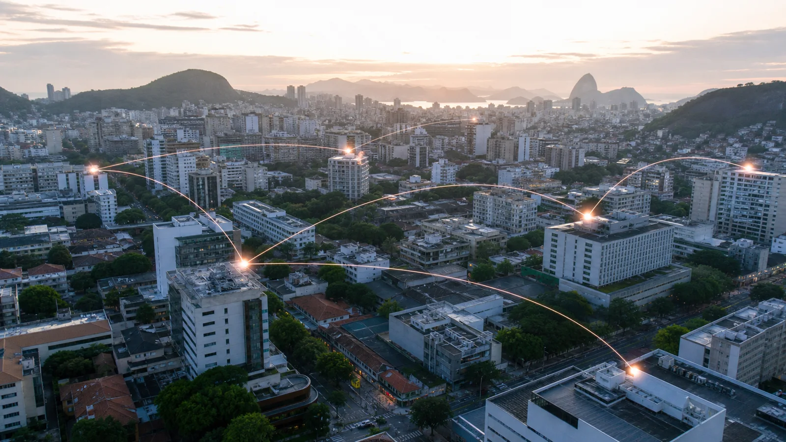 Vista urbana com clínicas e centros diagnósticos conectados em uma rede regional de saúde
