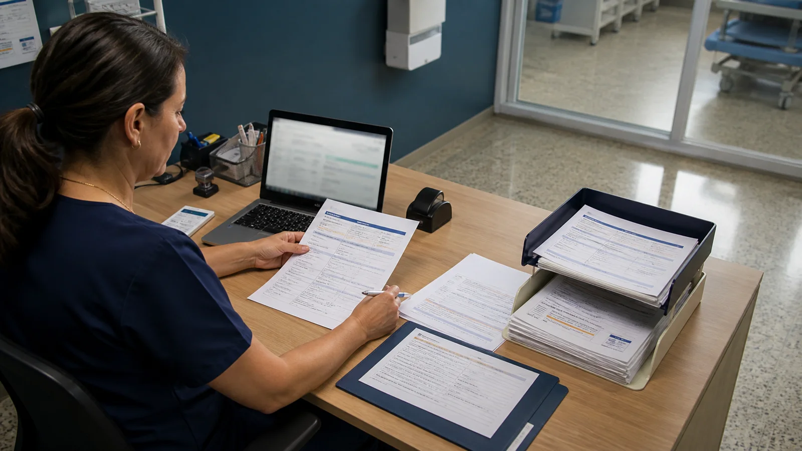 Profissional de operações em saúde organizando uma solicitação de exame em ambiente de trabalho