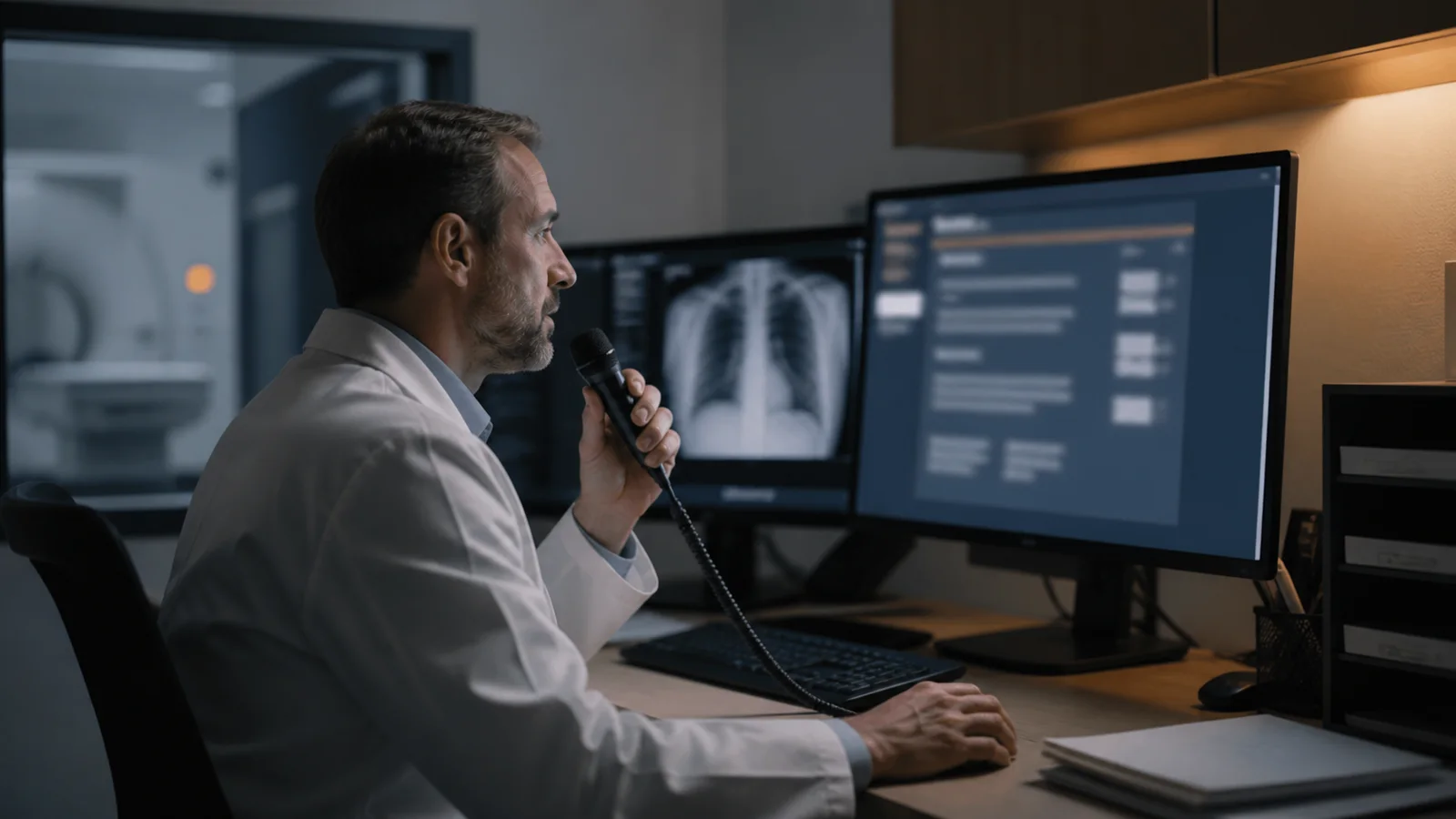 Médico em estação de laudos usando microfone de ditado e monitor com imagem diagnóstica